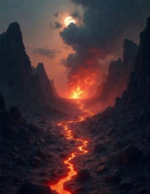 The primary subject of the image is a red, flowing lava stream. The setting is a rocky landscape with mountains in the background. The visual style is a digital art or illustration, creating a dramatic and intense atmosphere. The dominant colors are red and orange, representing the flowing lava, while the surrounding environment is dark and rocky, emphasizing the fiery nature of the scene.